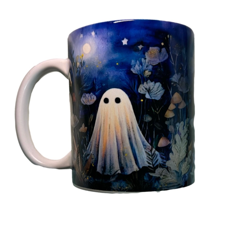 Ghost in Night Garden Mug – Full Moon Halloween Coffee Cup Purrfectly Bewitched